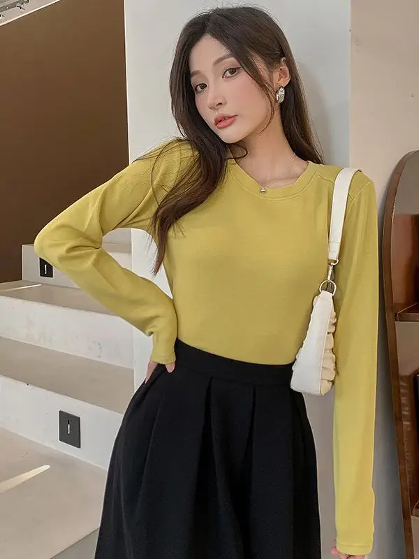 Women Long Sleeve Yellow T-Shirt Slim Fit Knitted Bottom