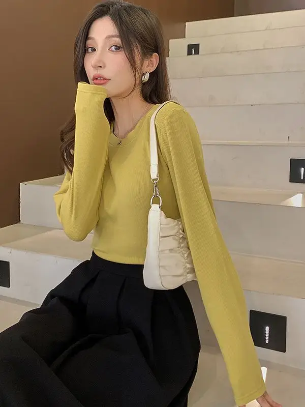 Women Long Sleeve Yellow T-Shirt Slim Fit Knitted Bottom