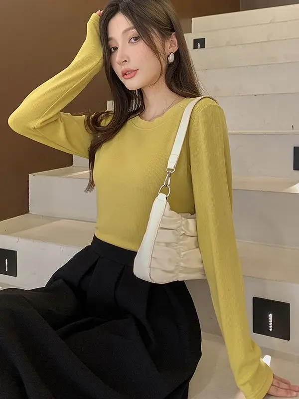 Women Long Sleeve Yellow T-Shirt Slim Fit Knitted Bottom