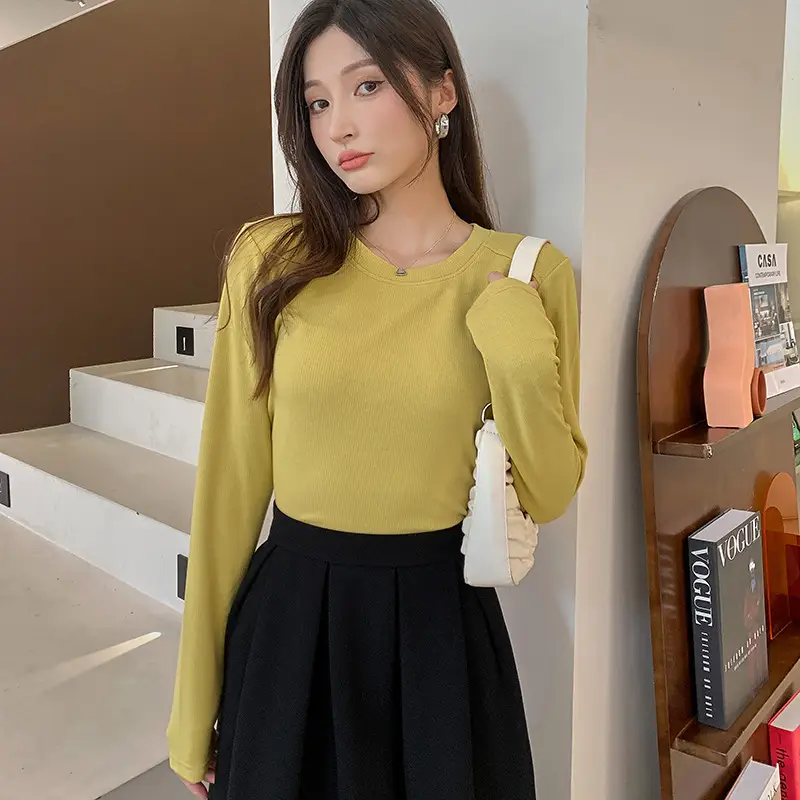 Women Long Sleeve Yellow T-Shirt Slim Fit Knitted Bottom