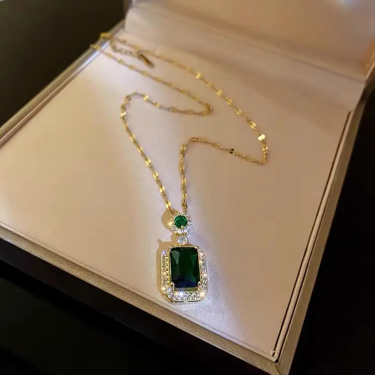 Square Zircon Necklace with Geometric Titanium Chain - Image 3