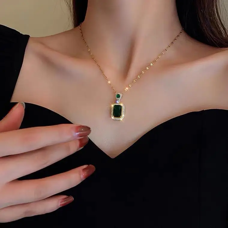 Square Zircon Necklace with Geometric Titanium Chain - Image 4
