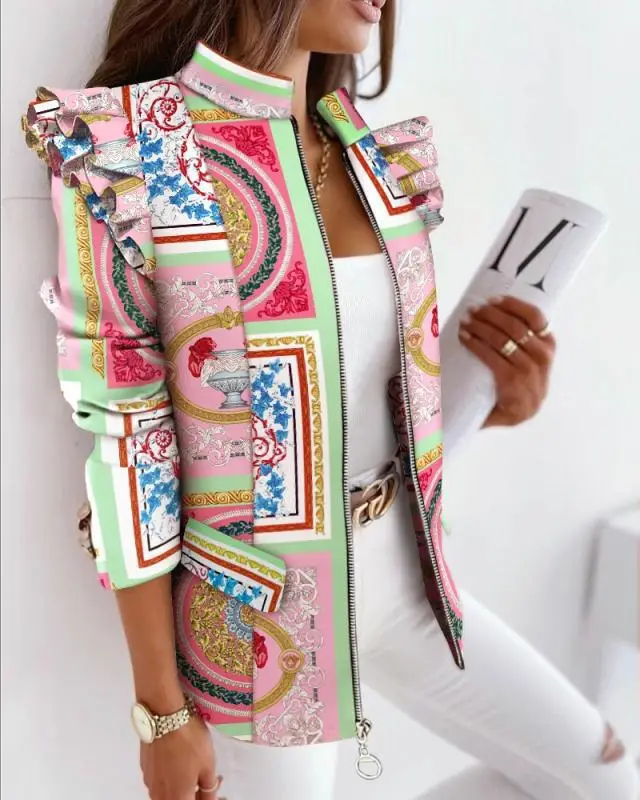 2025 Ruffled Zipper Plaid Jacket for Women — feature 60