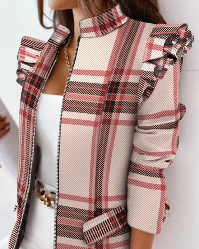 2025 Ruffled Zipper Plaid Jacket for Women — feature 64
