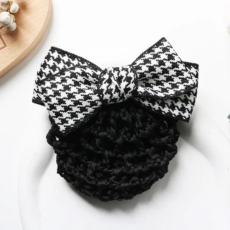 Houndstooth Bow Hairpin with Pearl Clip