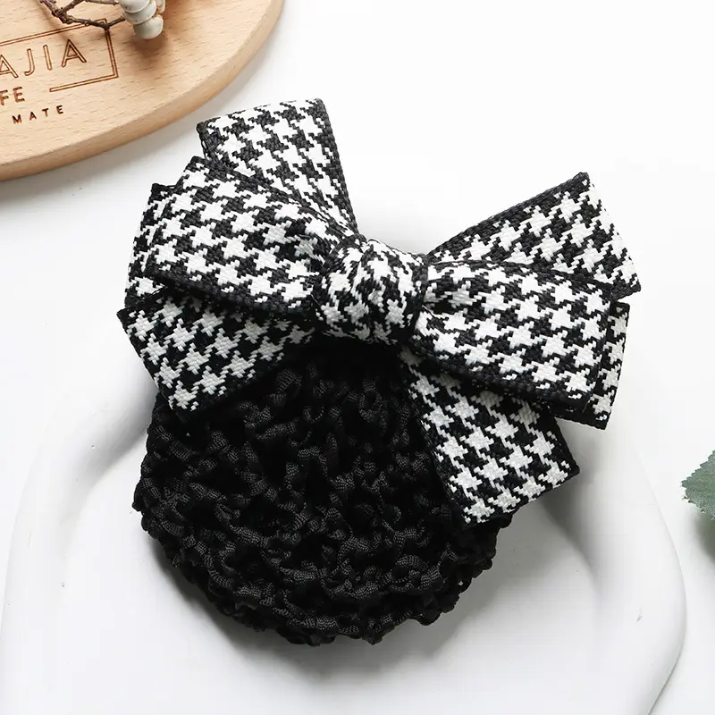 Houndstooth Bow Hairpin with Pearl Clip