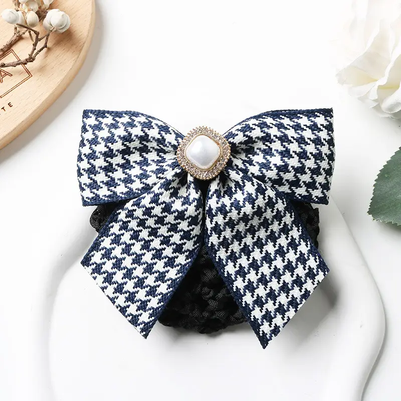 Houndstooth Bow Hairpin with Pearl Clip