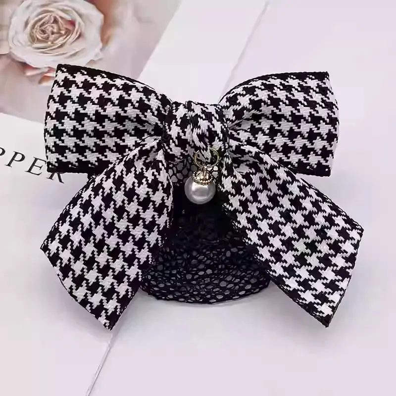 Houndstooth Bow Hairpin with Pearl Clip