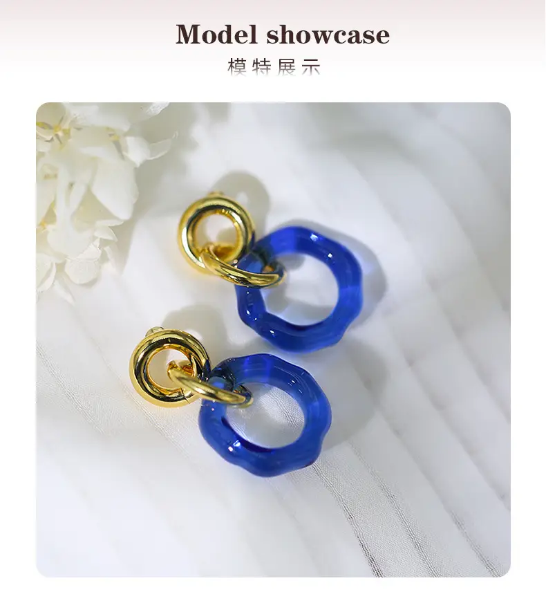 Klein Blue Glass Earrings Women's 18K Gold Plated — feature 4