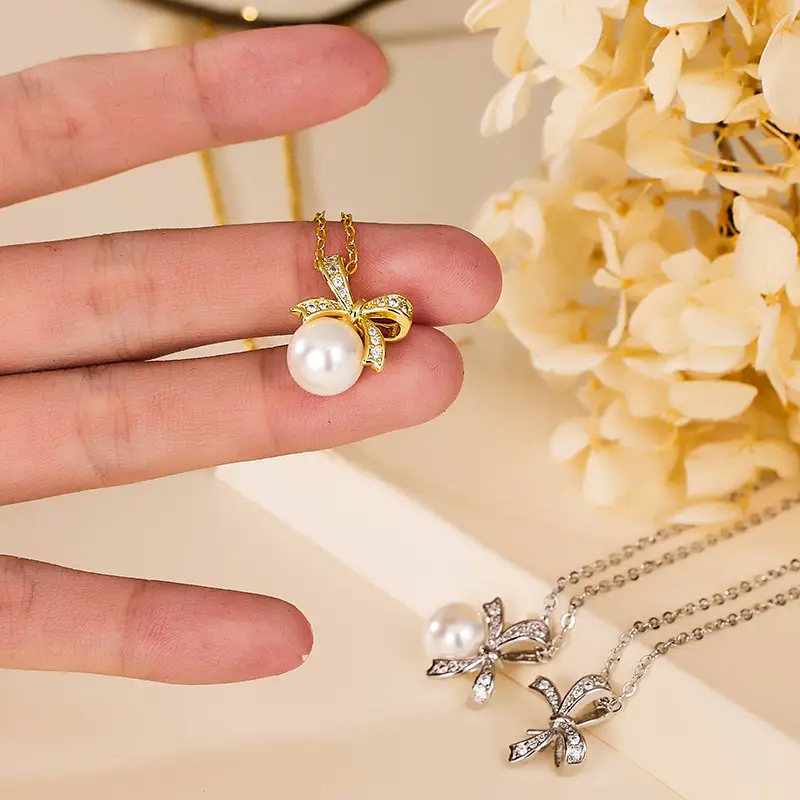 18K Gold Plated Bow Pearl Necklace for Women