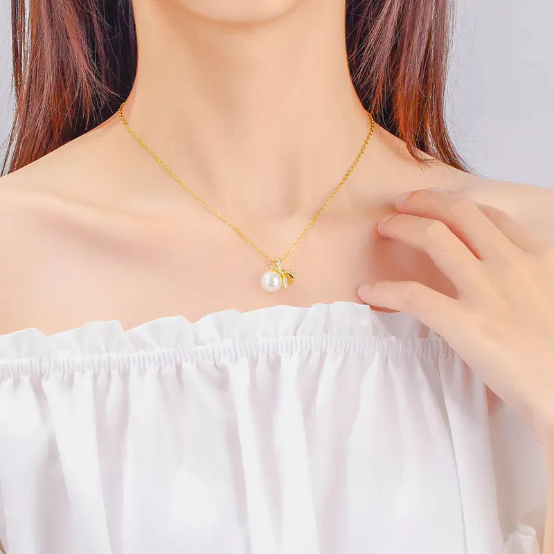 18K Gold Plated Bow Pearl Necklace for Women