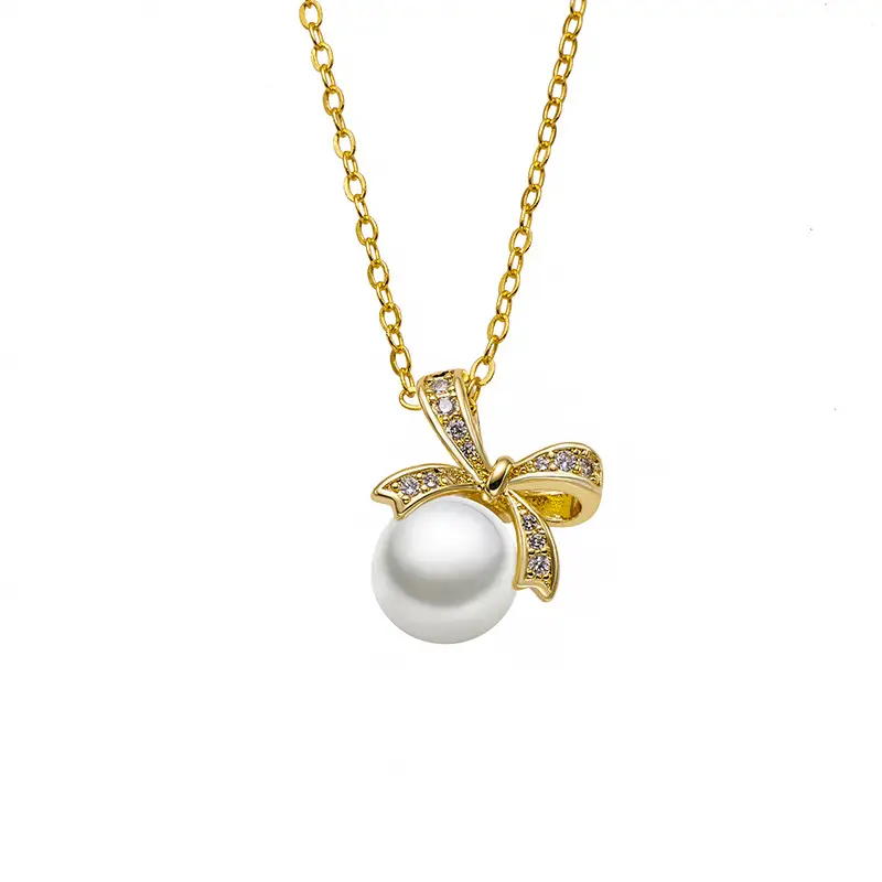 18K Gold Plated Bow Pearl Necklace for Women