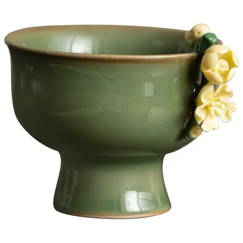 Green Handmade Ceramic Tea Cup with Flower Design - Image 6