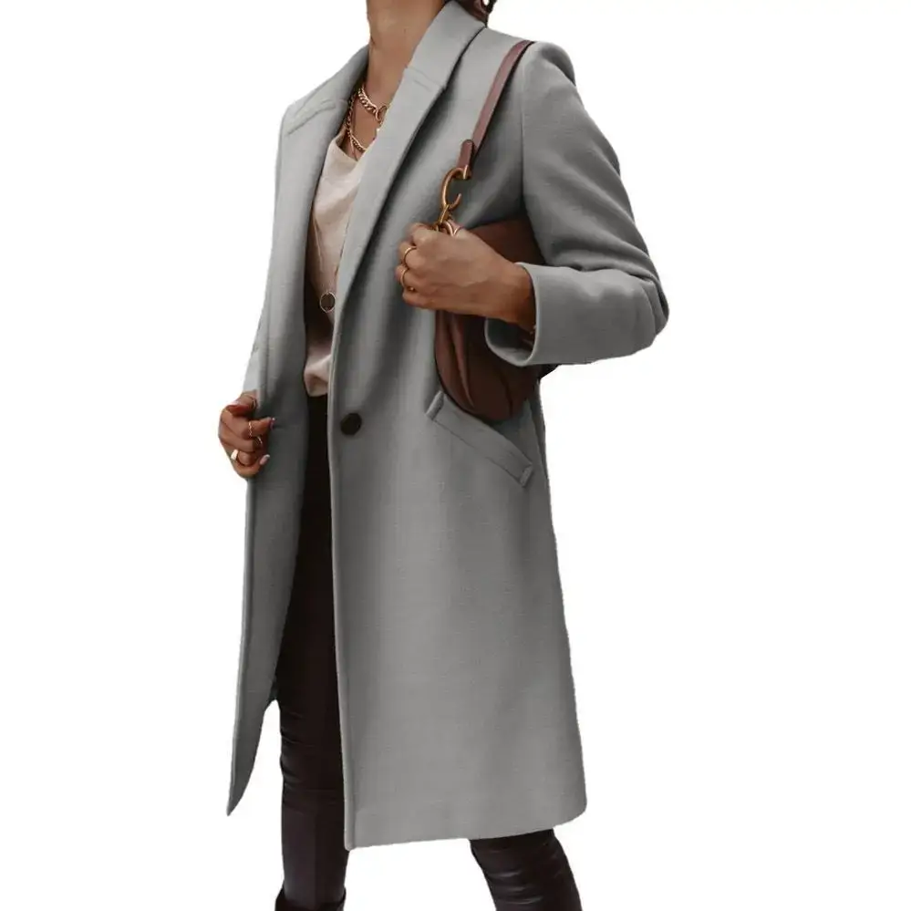 Women's 2022 Winter Lapel Coat Brown Button Tweed - Image 3