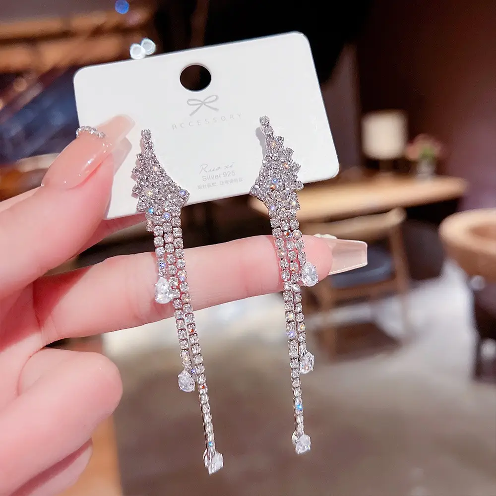 S925 Silver Butterfly Tassel Earrings with Full Diamond Design - Image 2