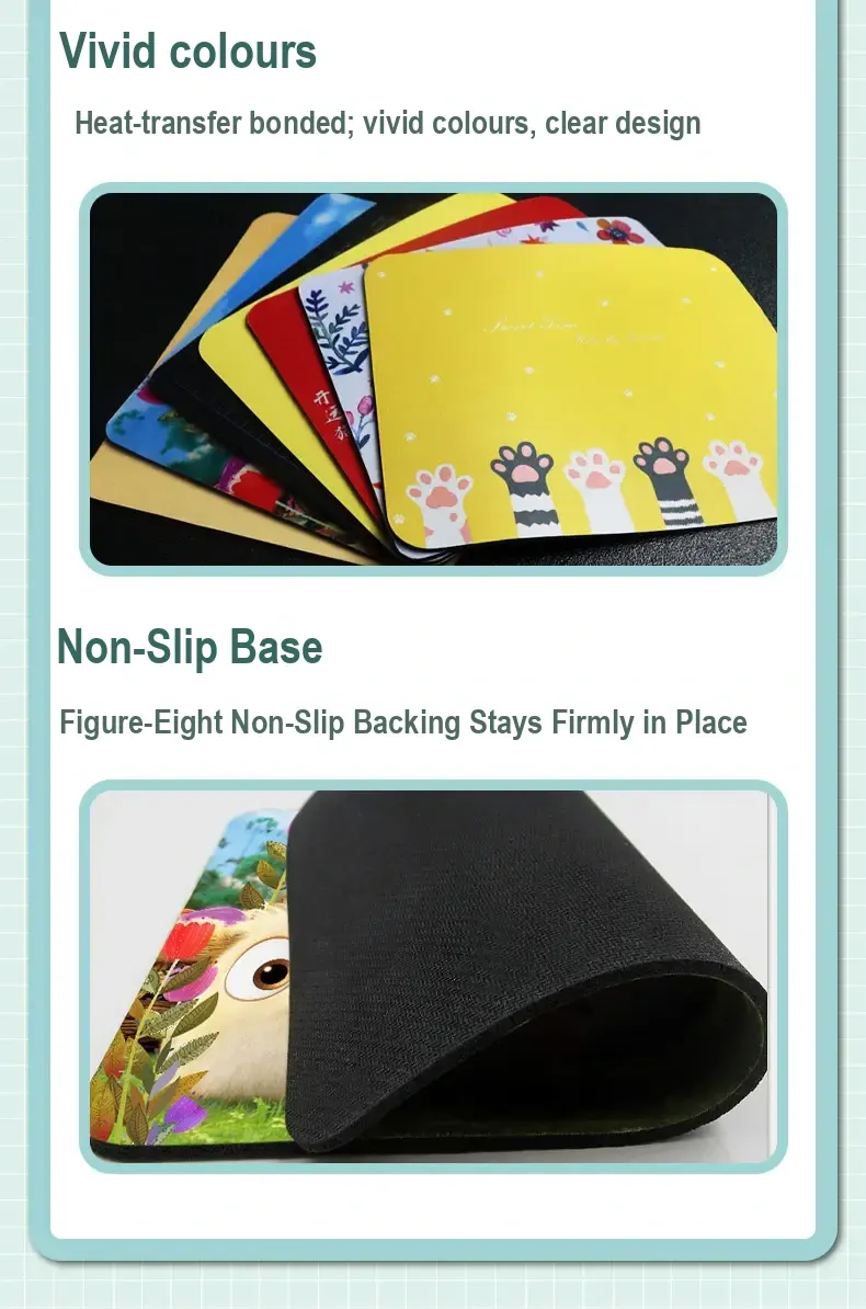 Panel showing printed mat designs and a close view of the textured non-slip underside