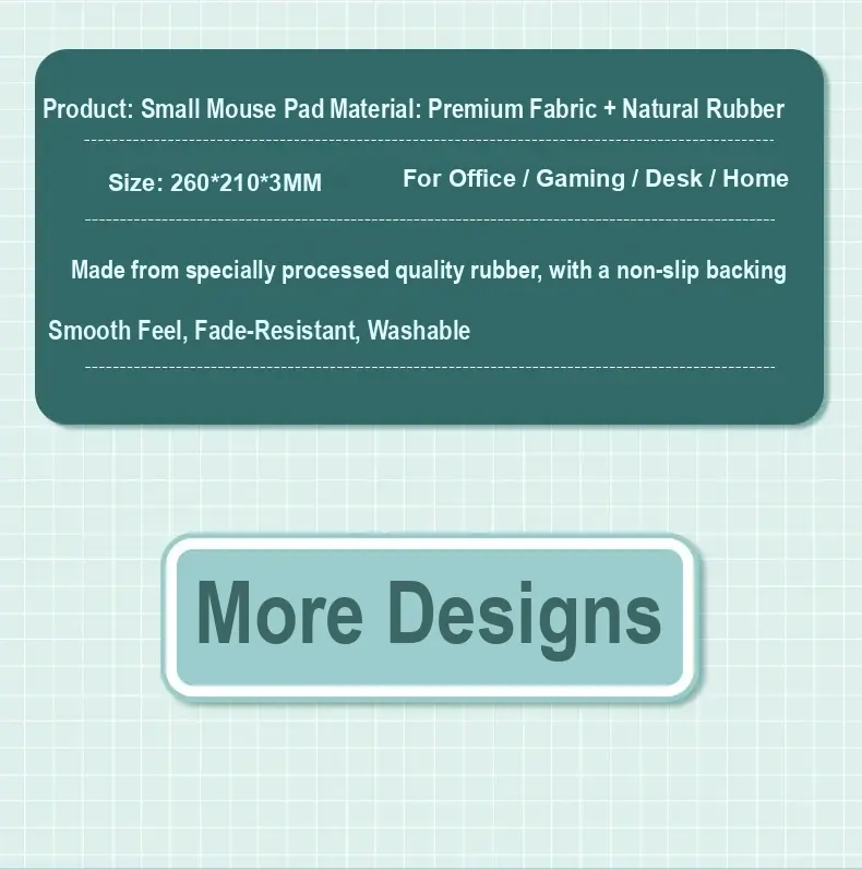 Specification panel listing cloth and natural rubber, size 260×210×3 mm, washable surface, and anti-slip backing