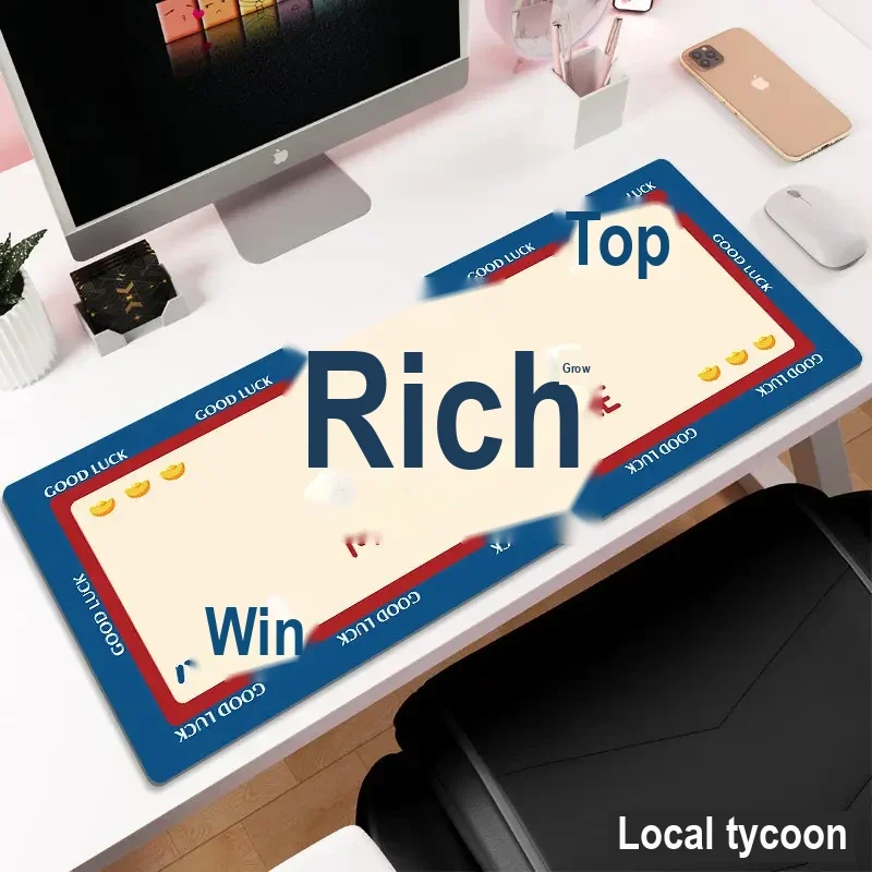Cream and blue desk mat printed with a good-luck design