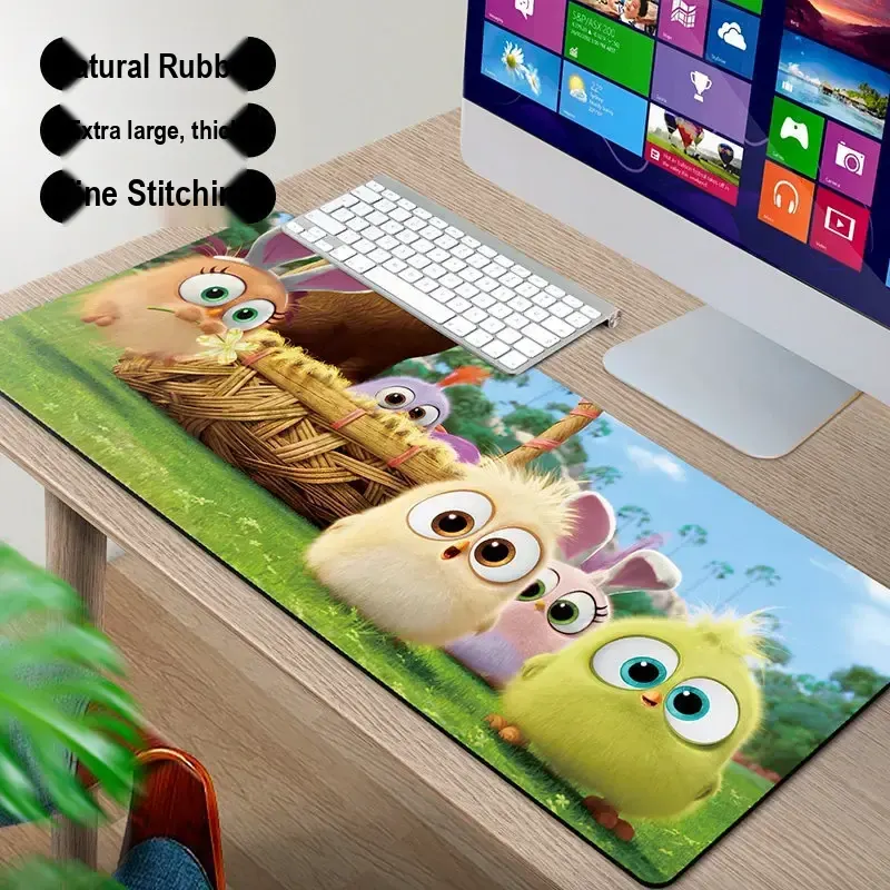 Desk mat printed with fuzzy cartoon characters in a basket