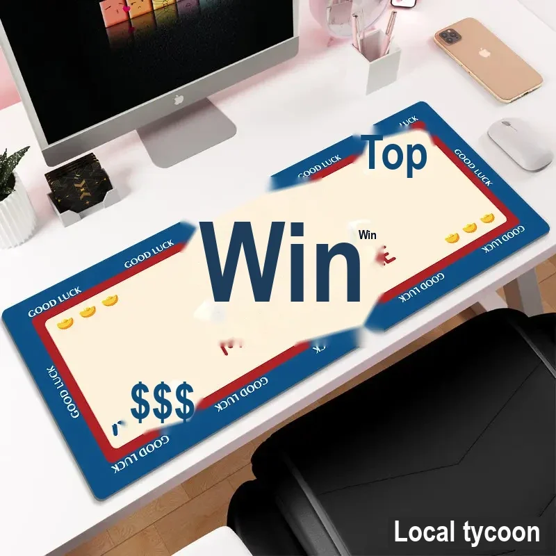 Cream and blue desk mat printed with a good-luck design
