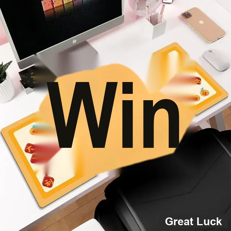 Cream and orange desk mat printed with a lucky orange design