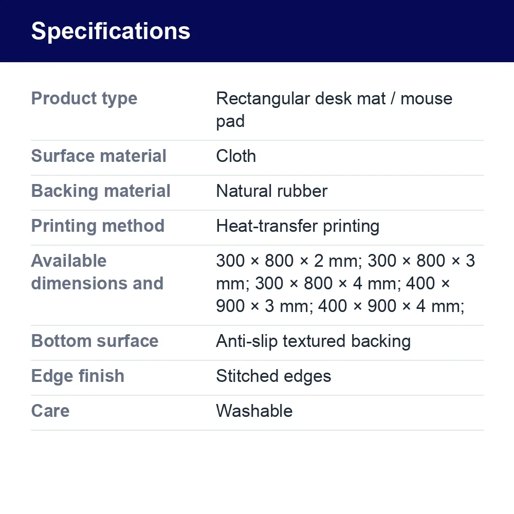 Large Cloth Desk Mat with Printed Designs – specifications
