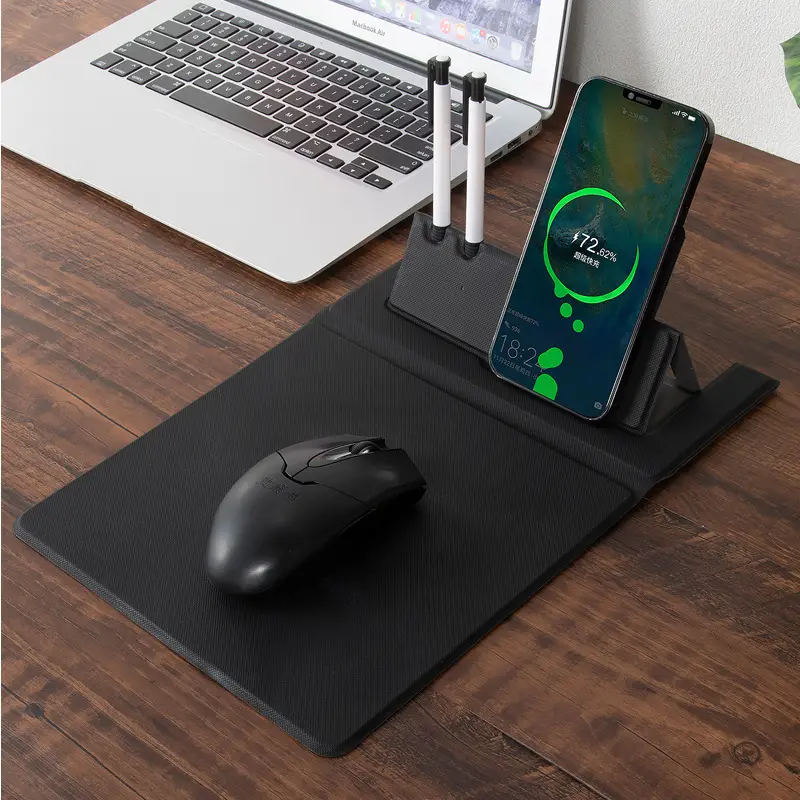 Yellow PU Leather Foldable Mobile Mouse Pad with Pen Slot - Image 4