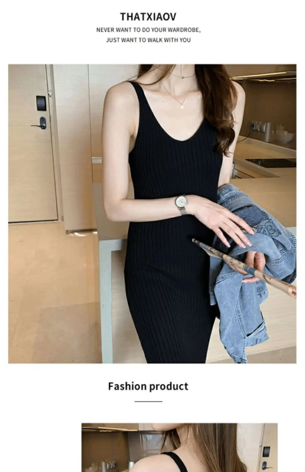 Women Black Knitted Over-the-Knee Vest Skirt Set — feature 10