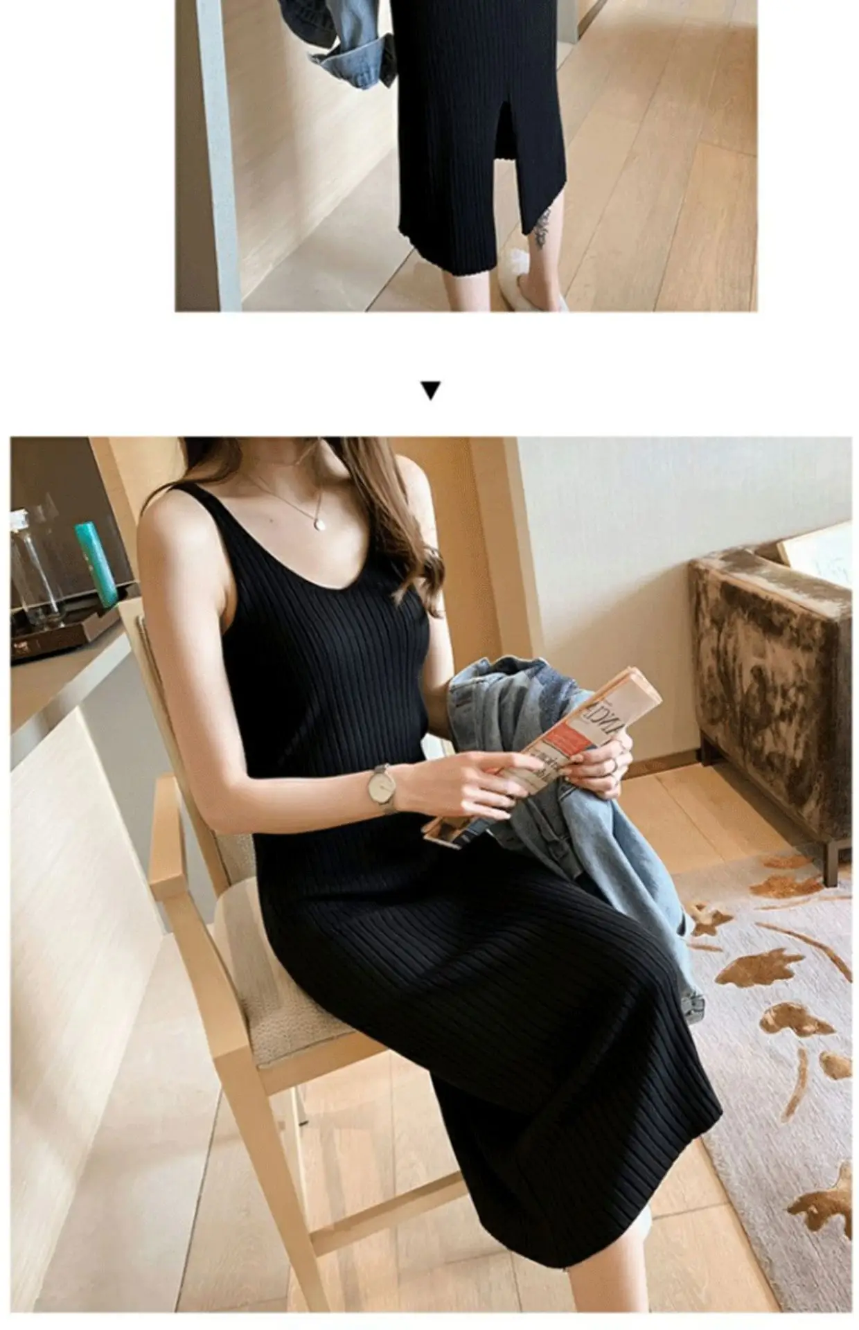 Women Black Knitted Over-the-Knee Vest Skirt Set — feature 12
