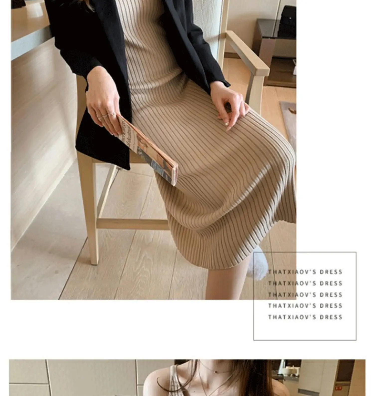 Women Black Knitted Over-the-Knee Vest Skirt Set — feature 17