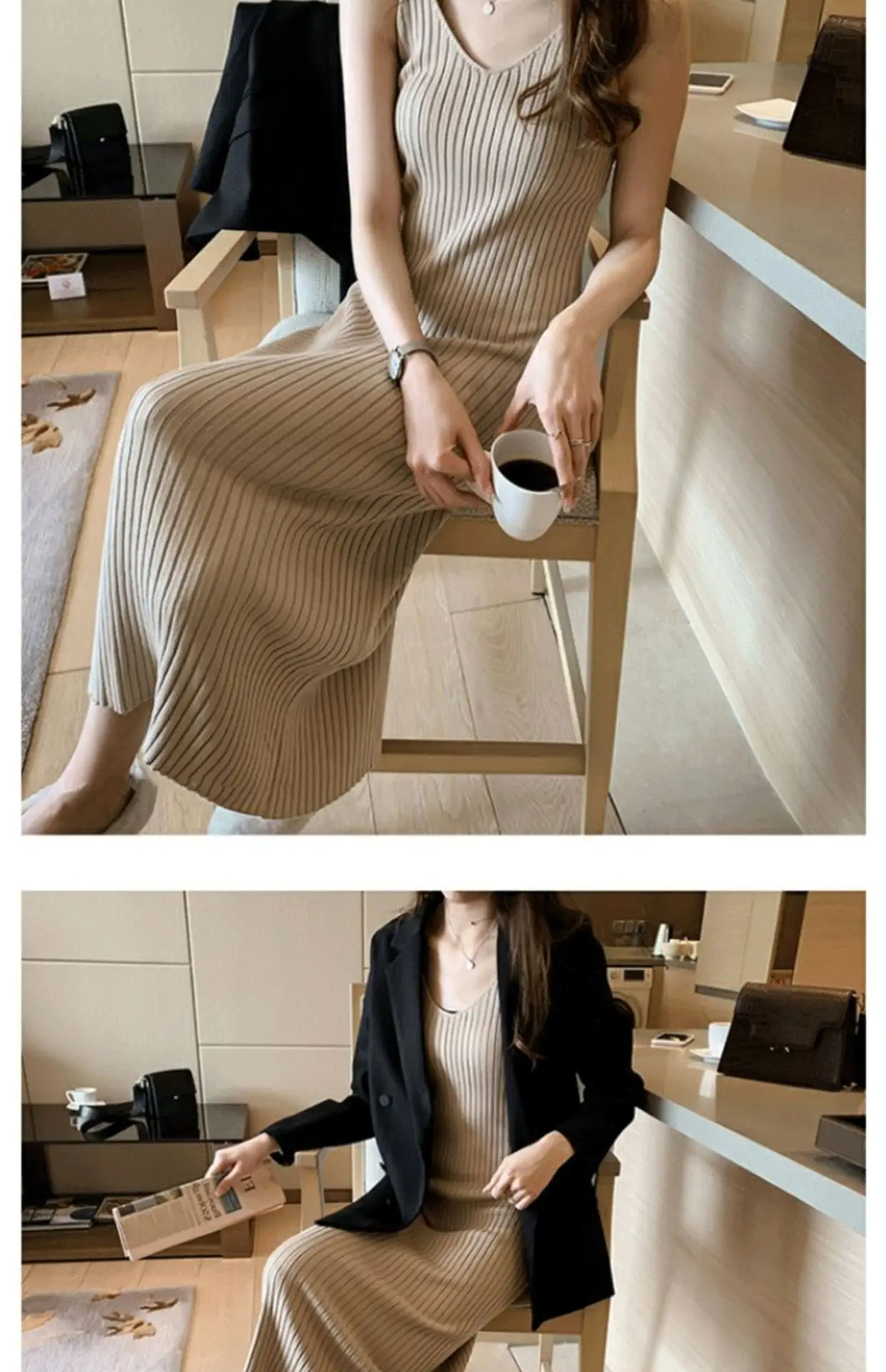 Women Black Knitted Over-the-Knee Vest Skirt Set — feature 18