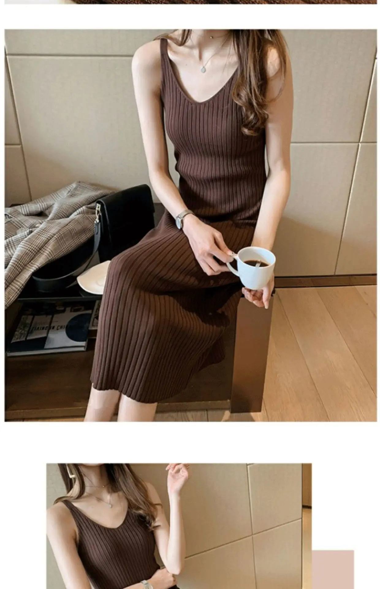 Women Black Knitted Over-the-Knee Vest Skirt Set — feature 24