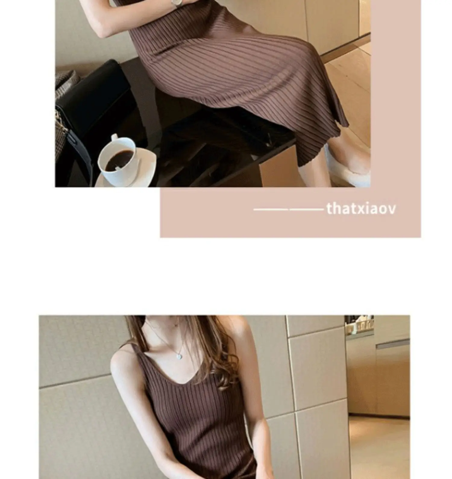 Women Black Knitted Over-the-Knee Vest Skirt Set — feature 25
