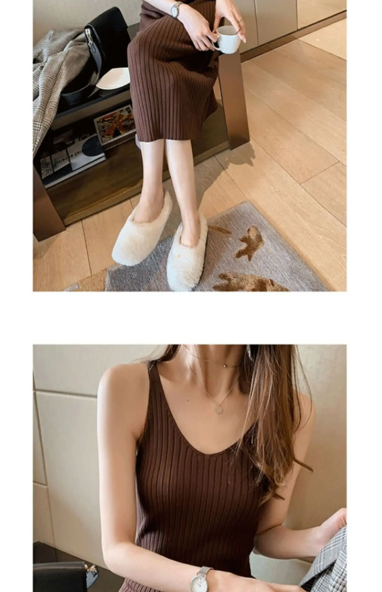Women Black Knitted Over-the-Knee Vest Skirt Set — feature 26