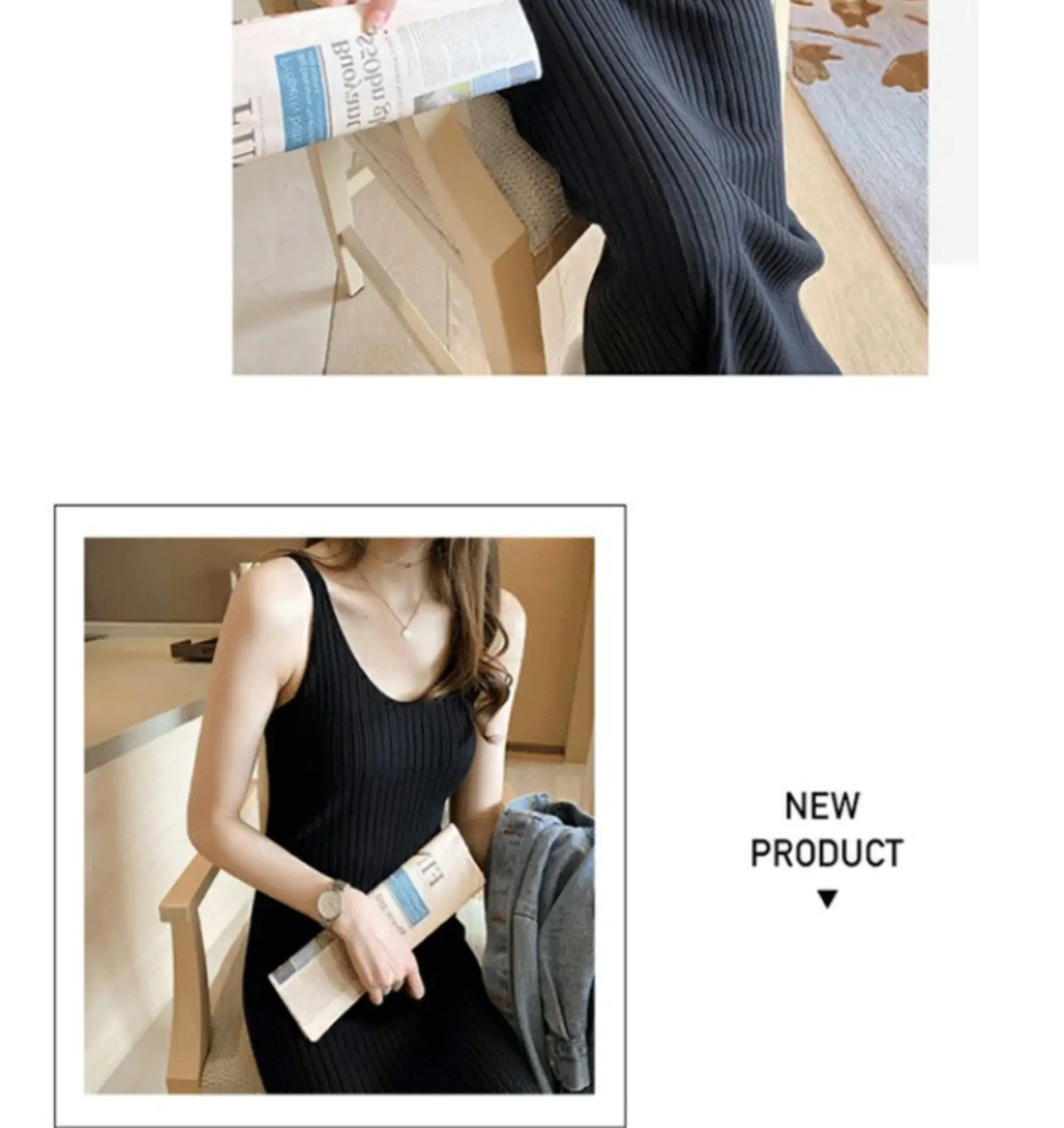 Women Black Knitted Over-the-Knee Vest Skirt Set — feature 7