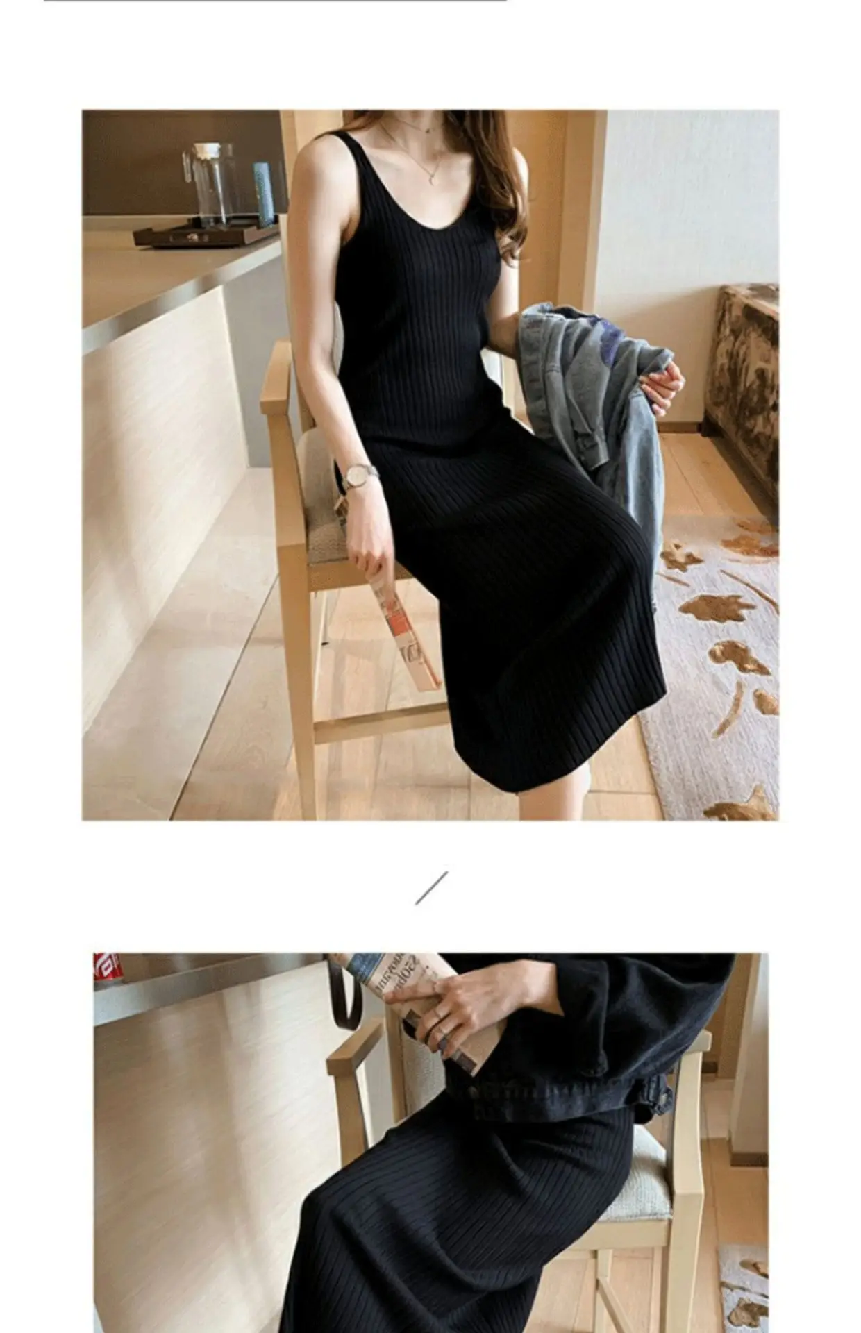 Women Black Knitted Over-the-Knee Vest Skirt Set — feature 8