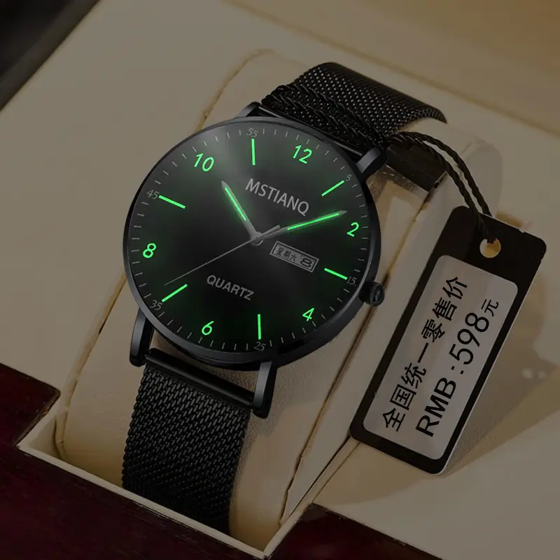 Men's Luminous Black Quartz Watch with Mesh Band