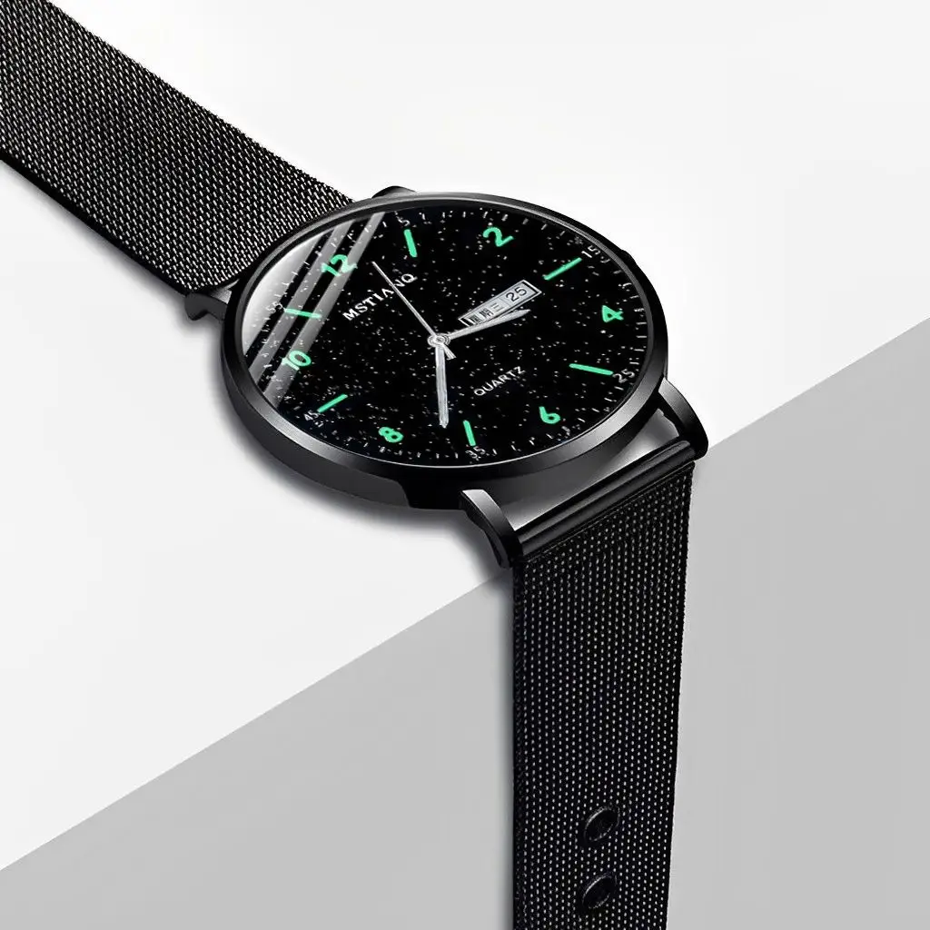 Men's Luminous Black Quartz Watch with Mesh Band — feature 14