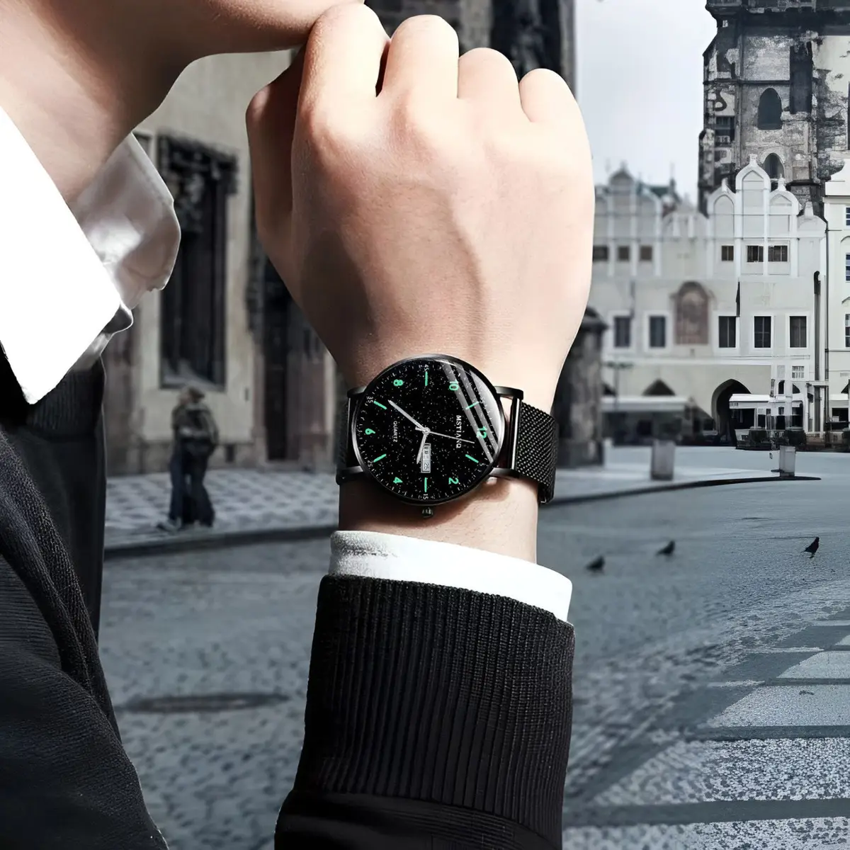 Men's Luminous Black Quartz Watch with Mesh Band — feature 16