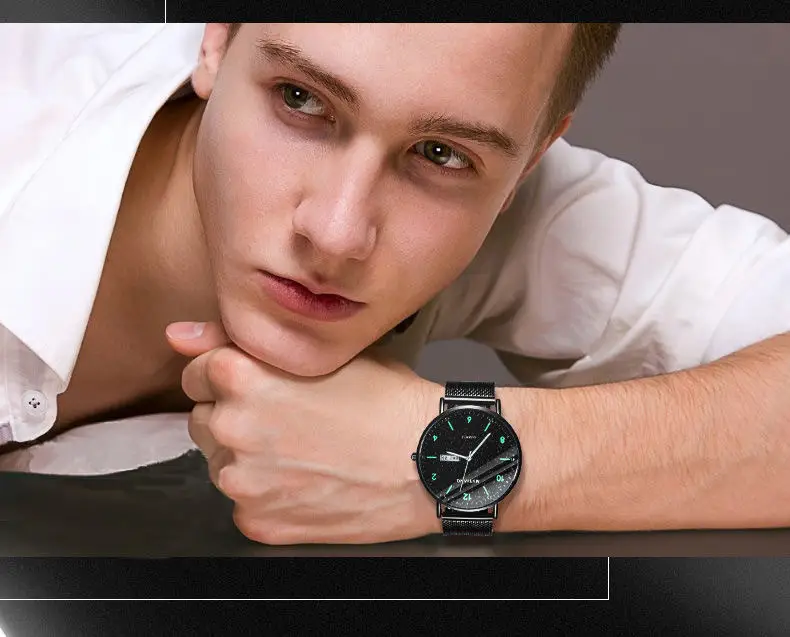 Men's Luminous Black Quartz Watch with Mesh Band — feature 5