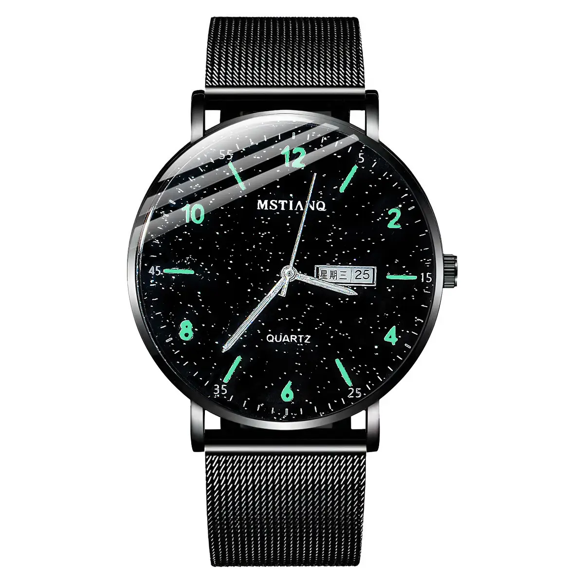 Men's Luminous Black Quartz Watch with Mesh Band