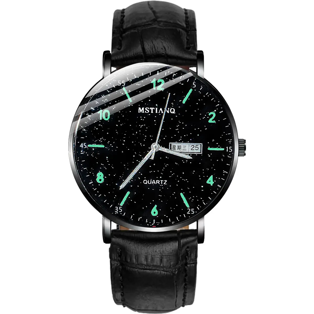Men's Luminous Black Quartz Watch with Mesh Band