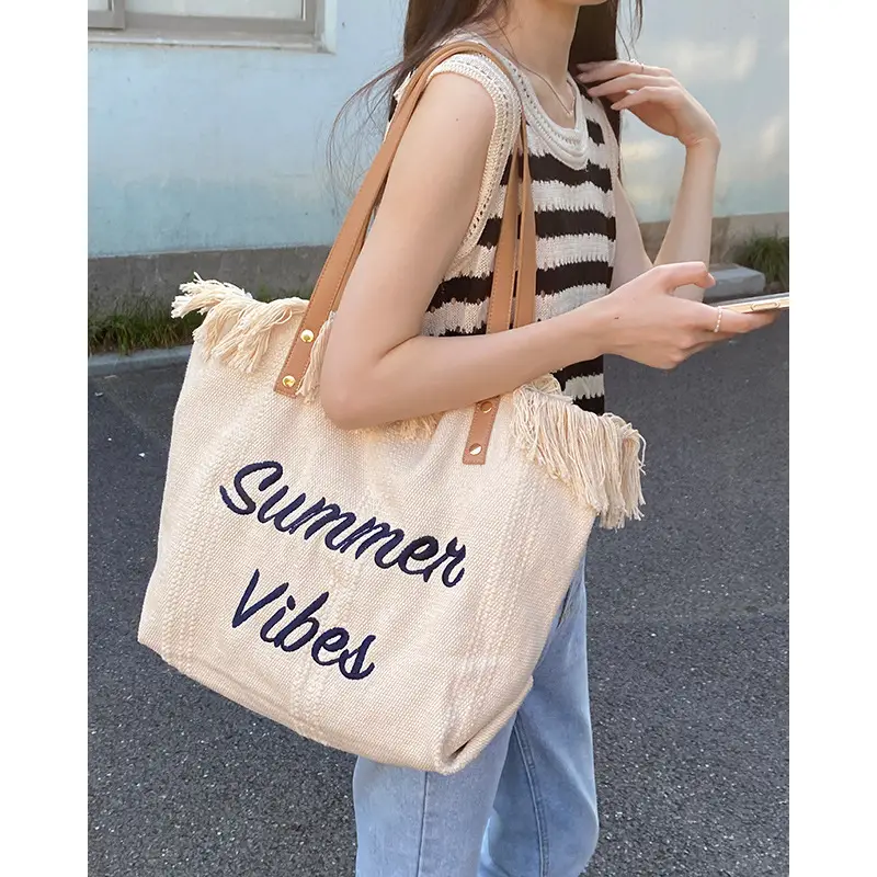 Women Canvas Tassel Bag Summer Large Capacity Beige - Image 4
