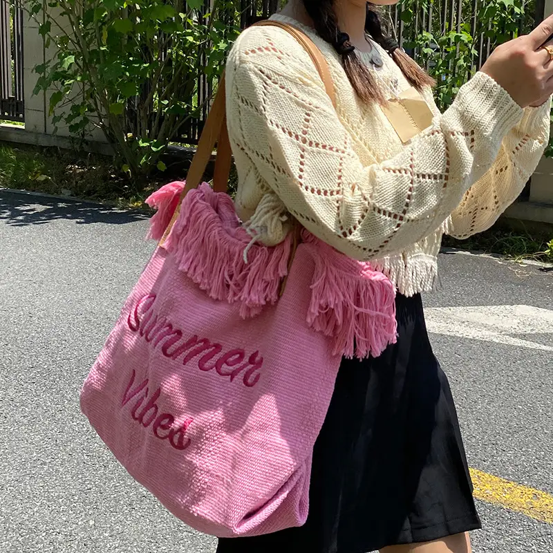Women Canvas Tassel Bag Summer Large Capacity Beige - Image 6