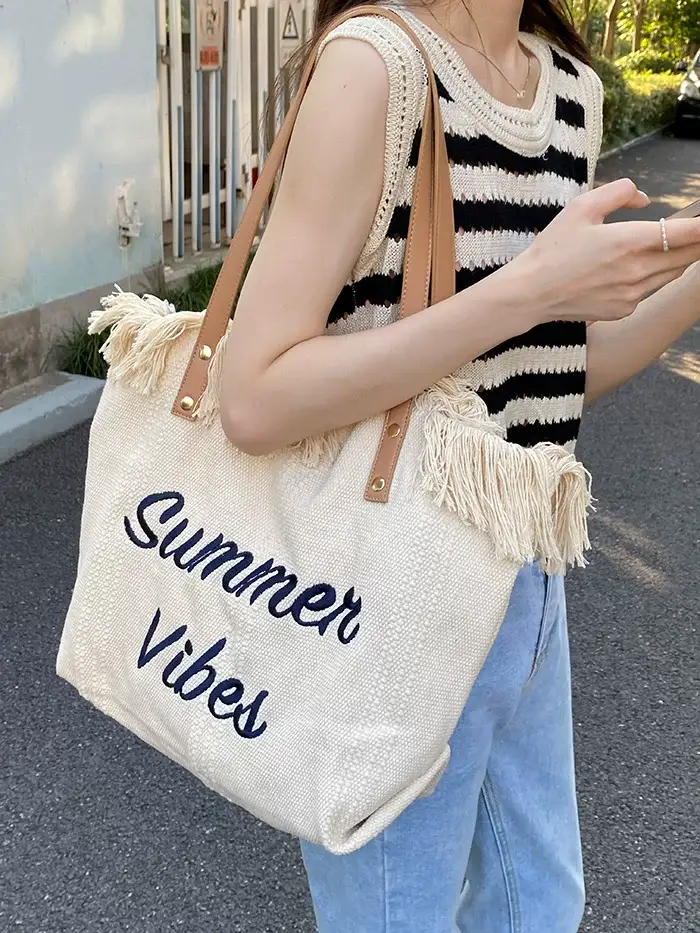 Women Canvas Tassel Bag Summer Large Capacity Beige — feature 7