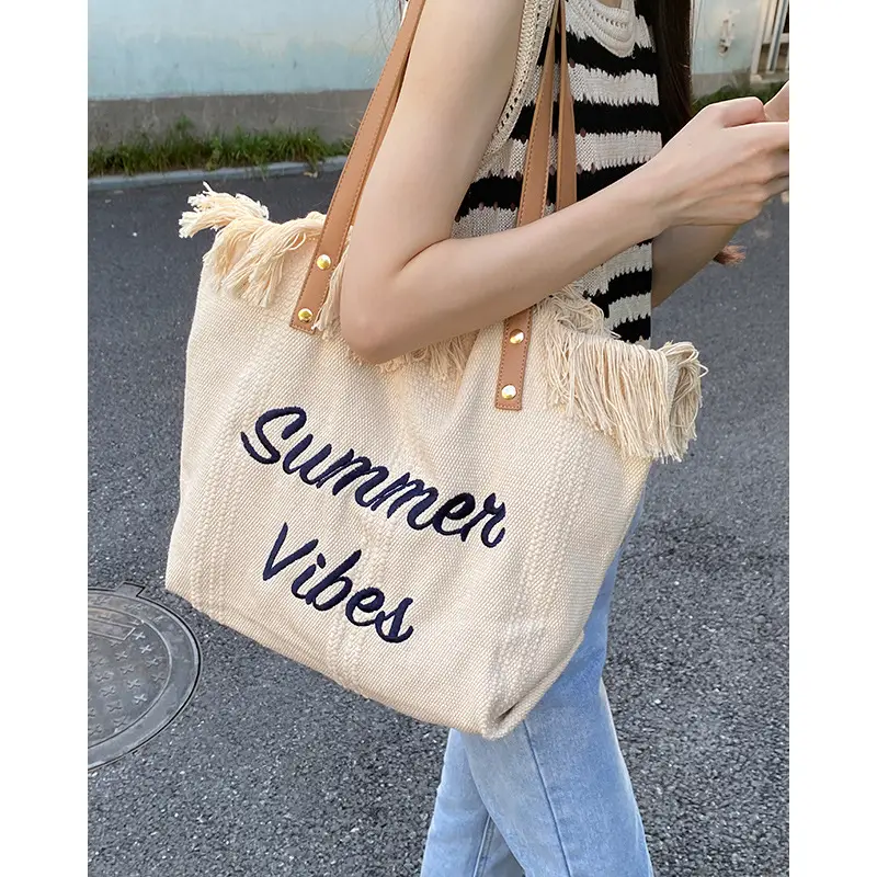 Women Canvas Tassel Bag Summer Large Capacity Beige - Image 2