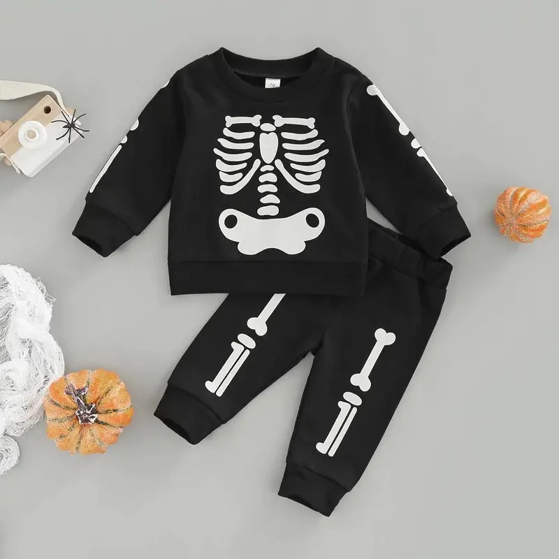 2022 Halloween Boys Skull Suit Black Sweatpants Set