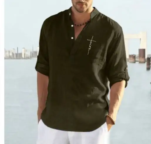 Men Long Sleeve Cotton T-Shirt Black Loose Fit - Image 5