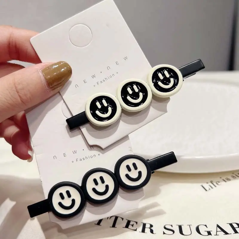 Smiley Hair Clips Black White Frosted Duckbill Clip - Image 3