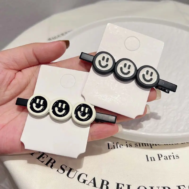 Smiley Hair Clips Black White Frosted Duckbill Clip - Image 4